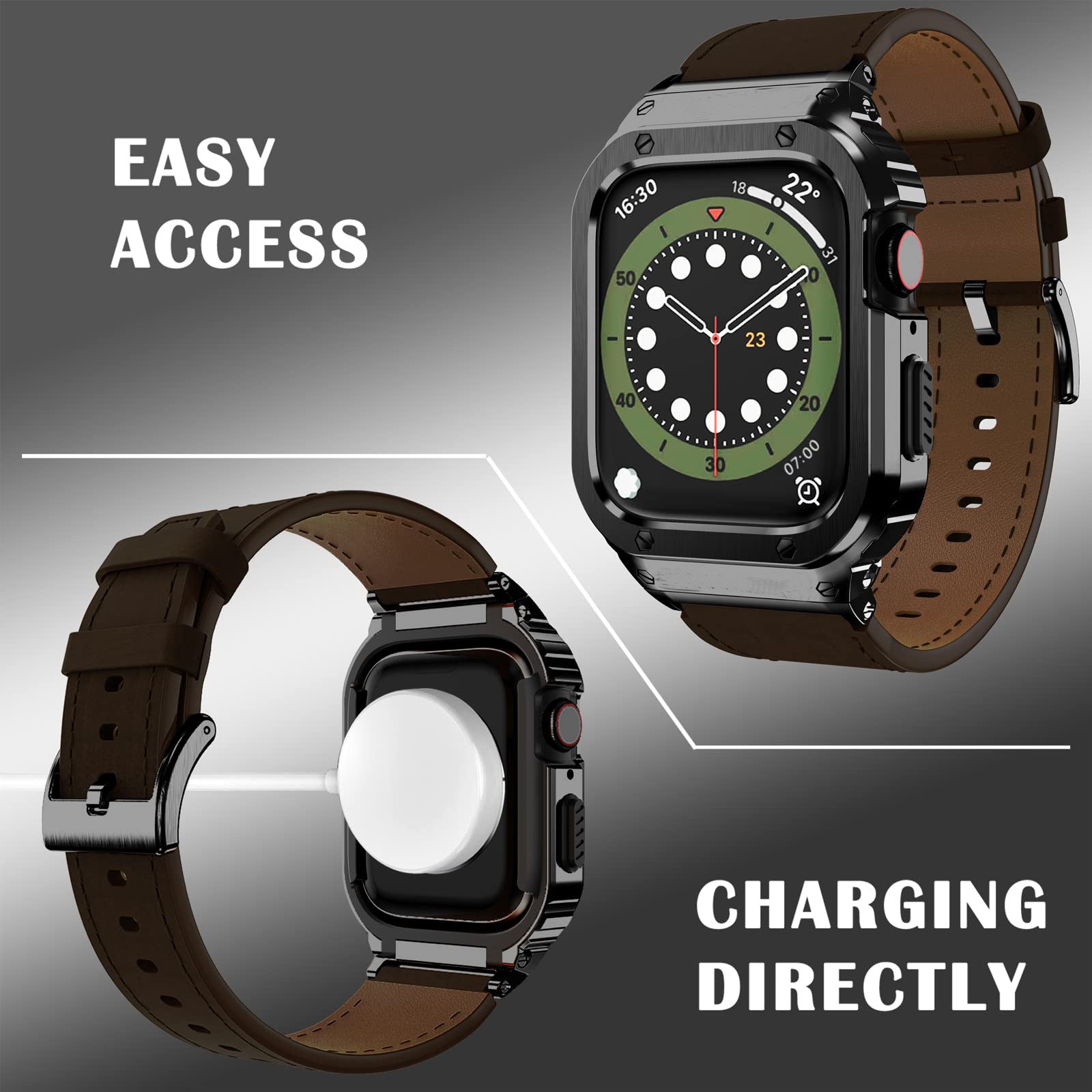 Metal Case Genuine Leather Strap For Apple Watch