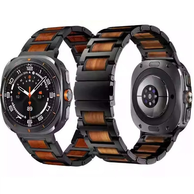 Natural Red Sandalwood & Metal Watch Band For Samsung Galaxy Watch Ultra