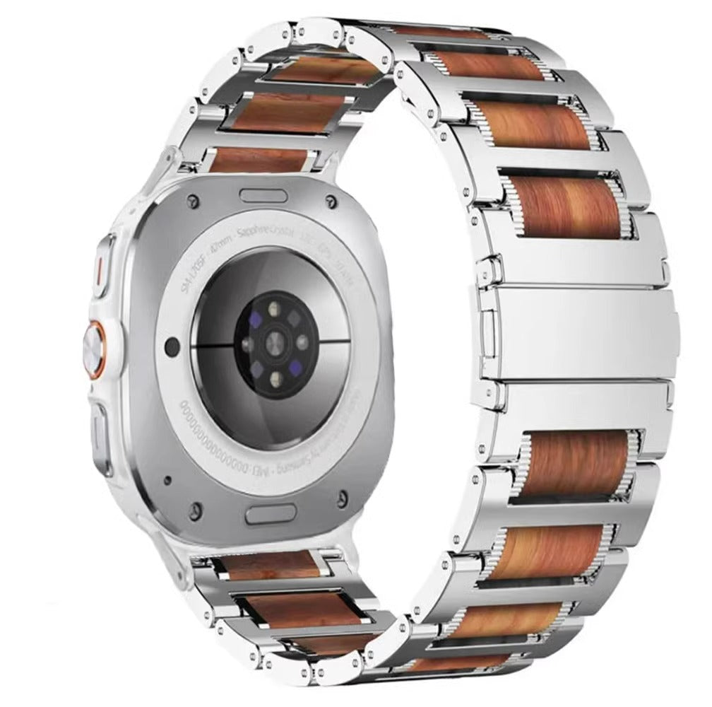 Natural Red Sandalwood & Metal Watch Band For Samsung Galaxy Watch Ultra